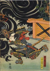 Ark fra en triptyk med farget treblokk, som viser Minamoto no Yorimasa, hjulpet av Ii Hayata og Watanabe Choshichi, som skyter ned nue fra taket til keiser Konoes palass: Japan, Edo, av Utagawa Kuniyoshi, ca. 1820 - 1825