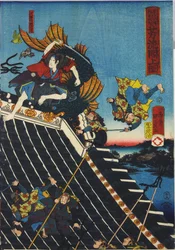 Ark fra en triptyk med farget treblokk, med tittelen H?ryukaku sh? no zu som viser en scene fra Hakkenden i Takiwzawa Bakin som viser en kamp på tempeltaket mellom Inuzuka Shino