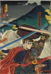 Blad fra en triptyk i fargetresnitt med tittelen Kawanakajima kassen (Slaget ved Kawanakajima), som viser et nærbilde av det personlige møtet mellom de to lederne, Uesugi Kenshin (til venstre) og Takeda Shingen: Japan, Edo
