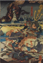 Ark fra en triptyk med farget treblokk, med tittelen Shinshū Odai kassen no zu (Slaget ved Odai i Shinano-provinsen), som viser Odai Akarokurō Yorisada som skyter tre menn mens slottet hans brenner i bakgrunnen: Japan, Edo, av Utagawa Kuniyoshi