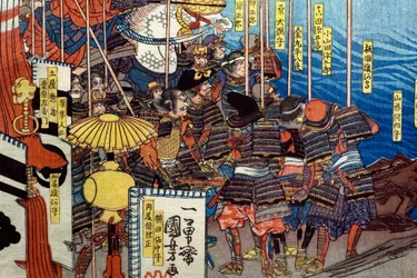 Takeda Shingen knuser kreftene til Suwa Yorishige (Takeda Shingen Suwa Yorishige no jinchū o uchi-kuzusu zu), ca. 1850-51