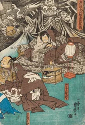 Jordedderkoppen tryller frem demoner i herskapshuset Minamoto Raiko, 1843