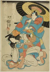 Skuespillerne Ichimura Uzaemon XII som Tada Kurodo Yukitsuna og Bando Shuka som spøkelset til Naruto no Mae