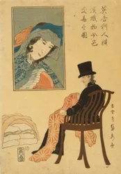 Engelsk kjøpmann som sorterer stoffer for handel i Yokohama, 1861