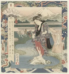 Kvinne vasker klær i elven Chôbû-elven i Musashi, nummer fire Musashi - sono yon (tittel på objekt) The Six Jewel Rivers (serietittel) Mutamagawa no uchi (serietittel på objekt)