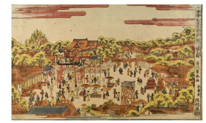 Perspektivbilde av Hachiman-helligdommen ved Fukagawa-elven, ca. 1770-1780 (treblokktrykk på papir)
