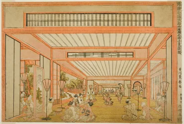 Utsikt over mottaksrommene i Japan - Underholdning på rottens dag i moderne stil (Uki-e wakoku keiseki ozashiki imayo ne no hi no asobi no zu)