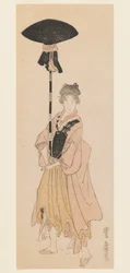 Ung kvinne bærer utsmykket stang for en prosesjon, ca. 1805-6 (treblokktrykk, trykk i smal koban tate-e surimono-stil)