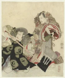 Ichikawa Danjûrô VII som Yoshimune no Munesada med vifte og Ichikawa Omezô som Sekibei med øks