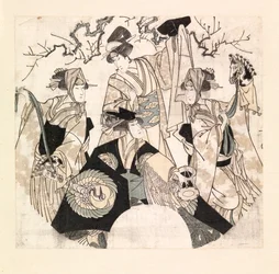 Skuespillere som fremfører scenedans av de fire Onnagataene, ca. 1800-05 (fargetresnitt)