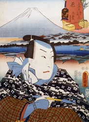 Portrett av Kabuki teaterskuespiller foran Fuji-fjellet, ukiyo-e kunsttrykk av Utagawa Toyokuni (1769-1825), tresnitt, japansk sivilisasjon, Edo-perioden