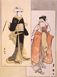 Portretter av skuespillere på scenen, rundt 1794-1796, ukiyo-e av Shun-Yei (slutten av 1700-tallet) og Utagawa Toyokuni (1769-1825), reproduksjon av tresnitt, japansk sivilisasjon, Edo-perioden (1603-1868)