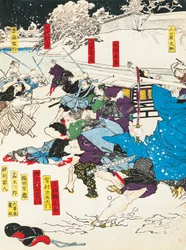 Slaget om snøen, Samurai forsvarer en japansk festning, av Utagawa Toyokuni, tresnitt