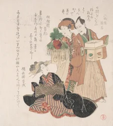 Skuespiller Nakamura Utaemon med to kvinner som forbereder seg til nyttårsseremonien, 1800-tallet.