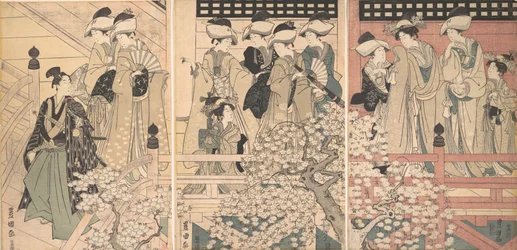 Skjønnheter på en veranda blant kirsebærblomster som en samurai drar fra, ca. 1800.