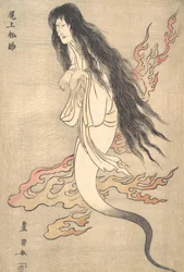 Onoe Matsusuke som spøkelset til den myrdede hustruen Oiwa, i en skrekkfortelling fra Yotsu..., 1812.