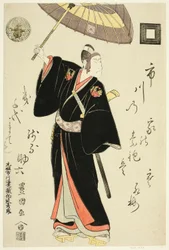 Skuespilleren Ichikawa Danjuro VI som Sukeroku i stykket "Omiura Date no Nebiki," opptrådte på Nakamura Theatre i den tredje måneden, 1799