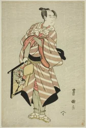 Skuespilleren Sawamura Sojuro III som pakkehestmannen Muchizo i stykket "Miyamairi Musubi no Kamigaki," fremførte på Kiri Theatre i den ellevte måneden, 1797
