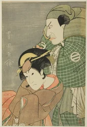 Skuespillerne Kataoka Nizaemon VII som Iyo no Taro og Iwai Hanshiro IV som Kojoro-gitsune fra Okazaki i stykket "Seiwa Nidai Oyose Genji," opptrådte på Miyako Theatre i den ellevte måneden, 1796