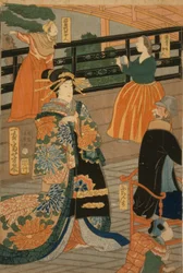 Besøkende fra flere nasjoner hygger seg på en fest i Vifterommet i Gankirō, 1860