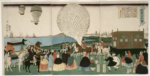 Ballongtur i Amerika, pub. 1865 (håndfarget tresnitt)