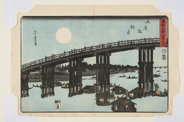 Ryogoku Bridge: Autumn Moon (Ryogoku Bashi Shugetsu) (colour woodblock print)