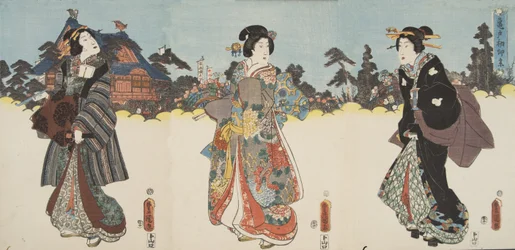 Scene fra Genji monogatari (Tale of Genji) av Murasaki Shibuku (f. 978) ca. 1860 (treblokktrykk i farger)