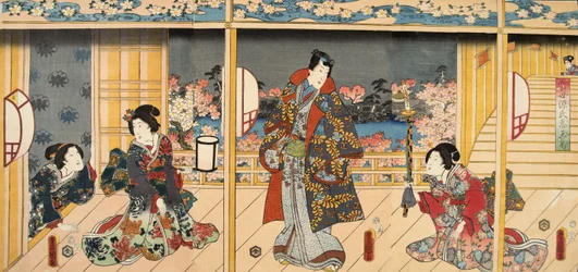 Scene fra Genji monogatari (Tale of Genji) av Murasaki Shibuku (f. 978) ca. 1860 (treblokktrykk i farger)