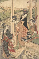 Gruppe kvinner på Engawa av et landsted, i tiden for kirsebærblomstringen,..., ca. 1806.