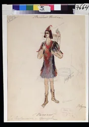 Kostymedesign for operaen ""Tryllefløyten"" av Wolfgang Amadeus Mozart (1756-1791)(Kostumedesign for operaen ""die Zauberflote"" av W A Mozart). Verk av V.Bushina (begynnelsen av det 19. århundre). Akvarell, gouache og gull på papir