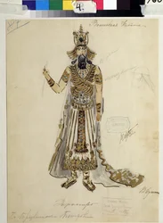 Kostymedesign for operaen ""Tryllefløyten"" av Wolfgang Amadeus Mozart (1756-1791)(Kostumedesign for operaen ""die Zauberflote"" av W A Mozart). Verk av V.Bushina (begynnelsen av det 19. århundre). Akvarell, gouache og gull på papir