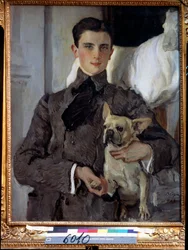 Portrett av prins Felix Youssoupoff, grev Soumarokov Elston (1887-1967), med en hund. (Portrett av prins Felix Yusupov, grev Sumarokov Elston, med en hund). Maleri av Valentin Alexandrovich Serov (1865-1911), olje på lerret