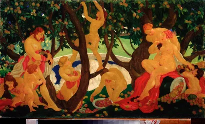 Sharing Apples (Gathering Aple) - Maleri av Valentin Alexandrovich Yakovlev (1887-1919), olje på lerret