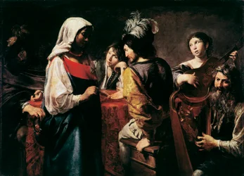 The Fortune Teller-maleri av Jean Valentin de Boulogne (1594-1632) Mål 125 x 175 cm Paris, Louvre-museet