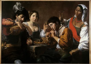 Møte i en kabaret Maleri av Valentin de Boulogne (1591-1632) 1600-tallet søn. 0,96x1,33 m