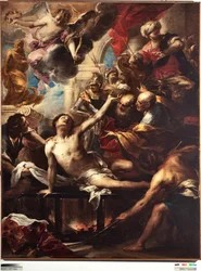 Martyrium of St Lawrence on the rooster Maleri av Valerio Castello (1624-1659) Dim 236 x 182 cm Genes, Musei di Strada Nuova (ex Palazzo Bianco)