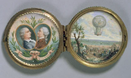 Portrettminiatyr av J.F. Pilatre og Pierre Romain med en scene av ballongoppstigningen deres, 1784 (gouache på vellum)
