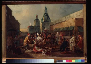 Forfriskningsbod nær den kinesiske muren i Moskva. Maleri av Vasili Yegorovich Astrakhov (?-etter 1867). Olje på lerret, 43 x 57,5 ​​cm