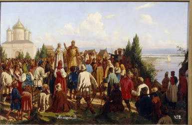 Storprinsen av Novgorod og Kiev, Yaroslav I Vladimirovich, kjent som den vise (978-1054), kunngjør den første juridiske koden Russkaya Pravda i 1019. (Storprins Yaroslav I The Wise kunngjør The First Code of Laws Russkaya Pravda i 1019) . Maling av