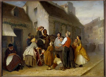 Gatebilde i Paris. Forbipasserende stoppet foran et par gatemusikanter: mannen spiller ehru (instrument med to strenger gnidd av en bue) og kona synger. Maleri av Vasili (Vasili) Perov (1833-1882)