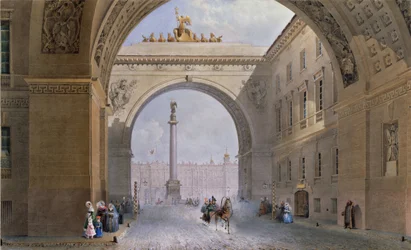 Buen til generalstabens bygning i St. Petersburg. Verk av Vasily Semyonovich Sadovnikov (1800-1879), akvarell på papir, ca 1830. Russisk kunst fra 1800-tallet. State Hermitage, St. Petersburg.
