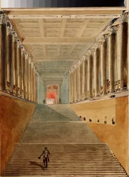 Grand Staircase (eller Ambassador Staircase eller Jordan Staircase) til Vinterpalasset i St. Petersburg. Verk av Vasily Semyonovich Sadovnikov (1800-1879), akvarell på papir, ca. 1840. Russisk kunst fra 1800-tallet. State A. Pushkin Museum of Fine Arts, Mo