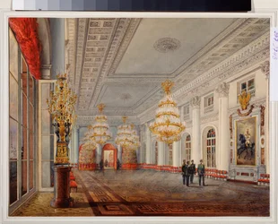 Den store salen (eller Nicolas Hall) i vinterpalasset i St. Petersburg. Verk av Vasily Semyonovich Sadovnikov (1800-1879), akvarell på papir