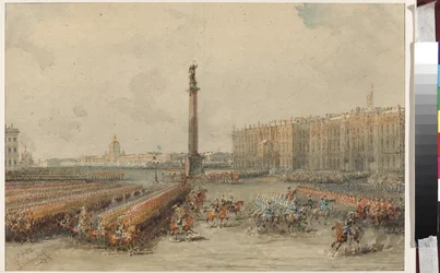 Parade av Life-Guards Horse Regiment på Palace Square - Vasily Semyonovich Sadovnikov (1800-1879). Akvarell og hvit farge på papir