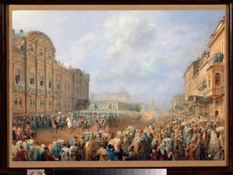 Parade på Neva Avenue (Nevsky Prospect) ved Beloselsky Palace Belozersky. (Sankt PETERSBOURG). Verk av Vasily Semyonovich Sadovnikov (1800-1879), akvarell på papir