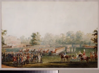 Militærparade på engen til palasset Elagin i St. Petersburg. (Parade av den keiserlige garde). Verk av Vasily Semyonovich Sadovnikov (1800-1879), akvarell på papir