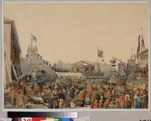 Messestand på Admiralitetsplassen i St. Petersburg. Verk av Vasily Semyonovich Sadovnikov (1800-1879), akvarell på papir