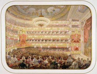 Auditoriet til St. Petersburgs keiserlige Bolshoi Kamenny-teater av Sadovnikov, Vasily Semyonovich (1800-1879). Akvarell, Gouache på papir, størrelse: 35x26