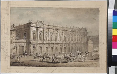 Museum of Court Carriages (Stallmuseet) i St. Petersburg, av Sadovnikov, Vasily Semyonovich (1800-1879). Akvarell på papir