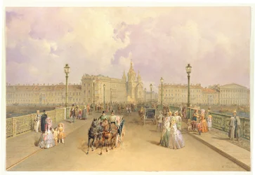 Utsikt over Blagoveshchensky-broen i St. Petersburg, 1851